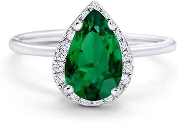 Teardrop Pear Wedding Engagement Ring Simulated Green Emerald CZ 925 Sterling Silver
